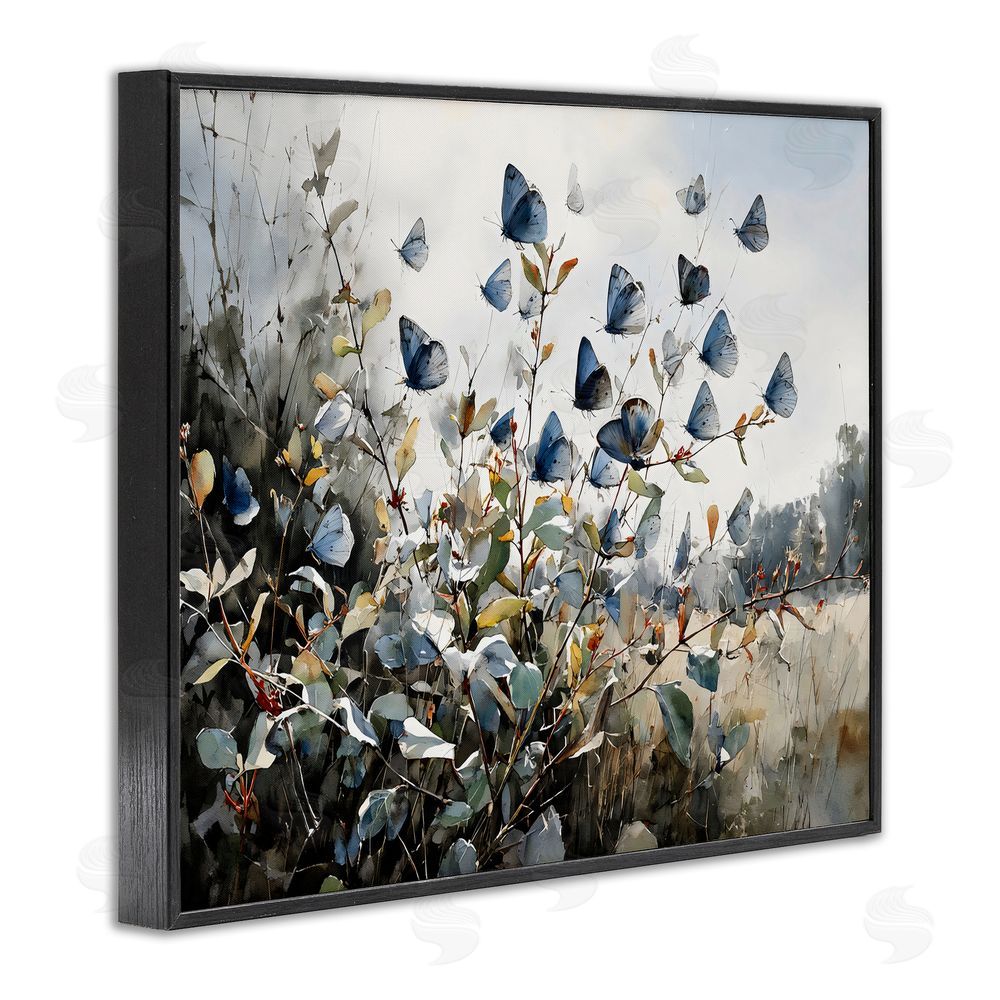 Franklyn Gregory Blue Butterflies Among Meadow Leaves Black Framed Giclee Wall Art Print