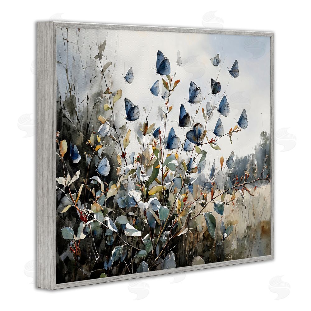 Franklyn Gregory Blue Butterflies Among Meadow Leaves Gray Framed Giclee Wall Art Print