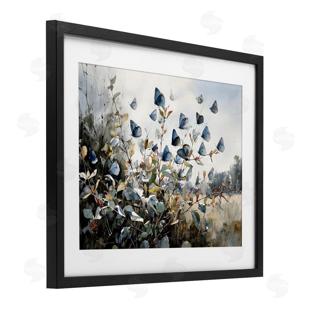 Franklyn Gregory Blue Butterflies Among Meadow Leaves Black Framed Print Under Glass with Matting Wall Art