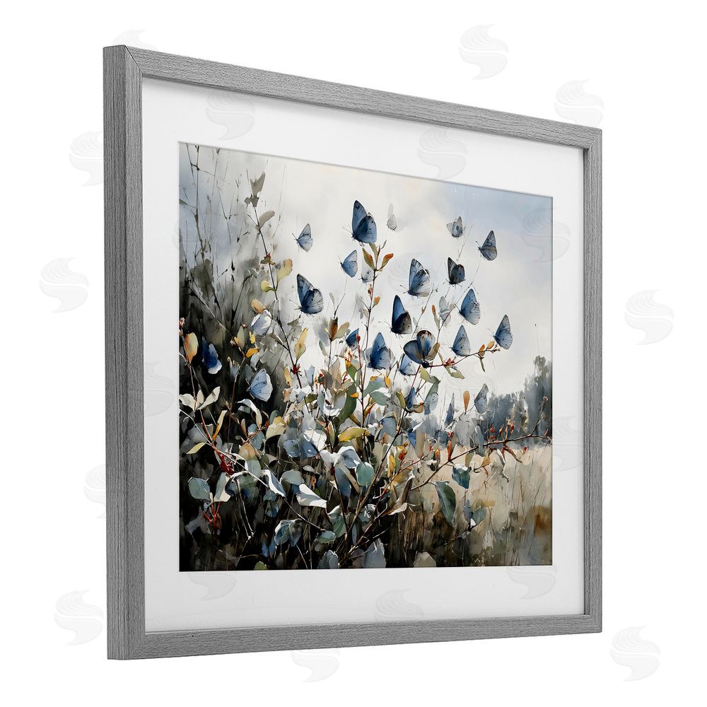 Franklyn Gregory Blue Butterflies Among Meadow Leaves Gray Framed Print Under Glass with Matting Wall Art