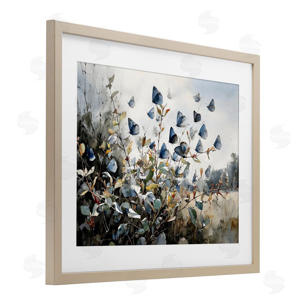 Franklyn Gregory Blue Butterflies Among Meadow Leaves Brown Framed Print Under Glass with Matting Wall Art