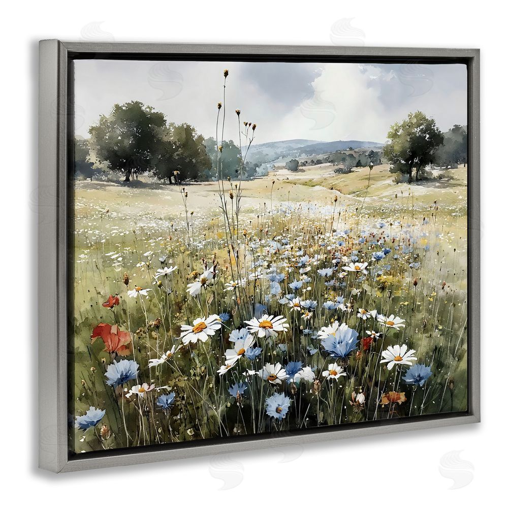 Franklyn Gregory Calm Meadow of Wildflowers Gray Floating Frame Stretched Canvas Wall Art Print