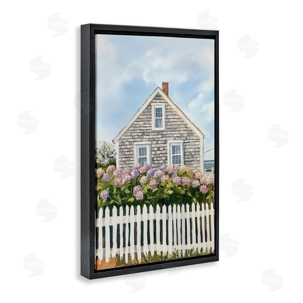 Sisi and Seb Coastal Cottage Hydrangea Garden Black Floating Frame Canvas Wall Art Print