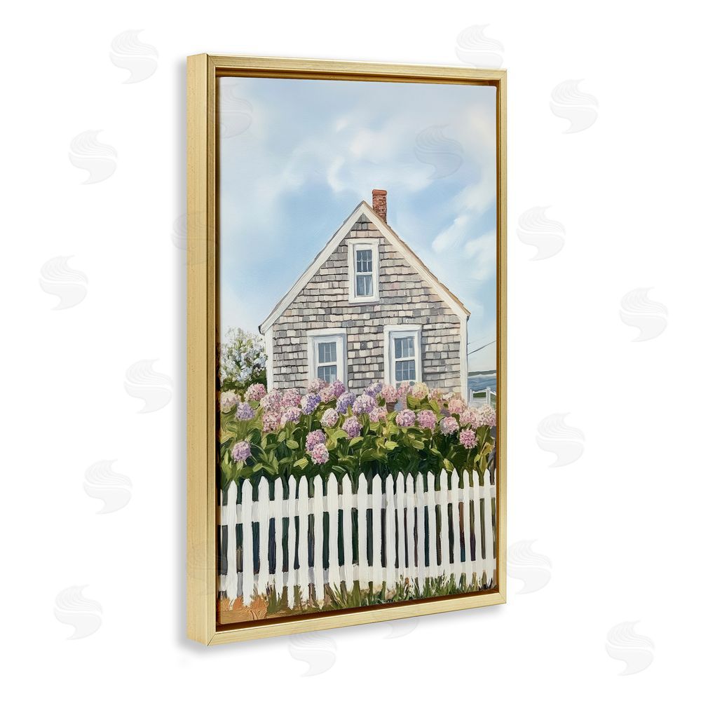 Sisi and Seb Coastal Cottage Hydrangea Garden Gold Floating Frame Canvas Wall Art Print