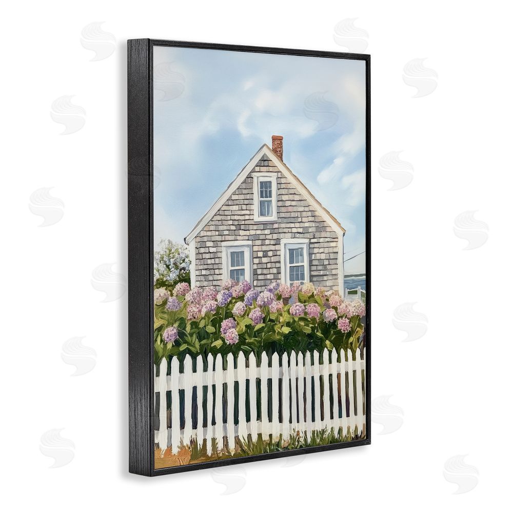 Sisi and Seb Coastal Cottage Hydrangea Garden Black Framed Giclee Wall Art Print
