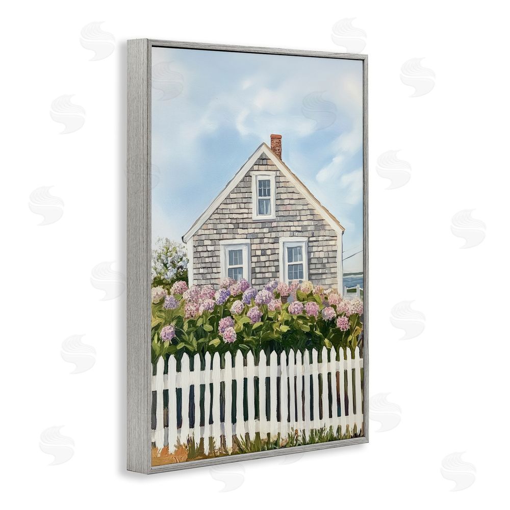 Sisi and Seb Coastal Cottage Hydrangea Garden Gray Framed Giclee Wall Art Print