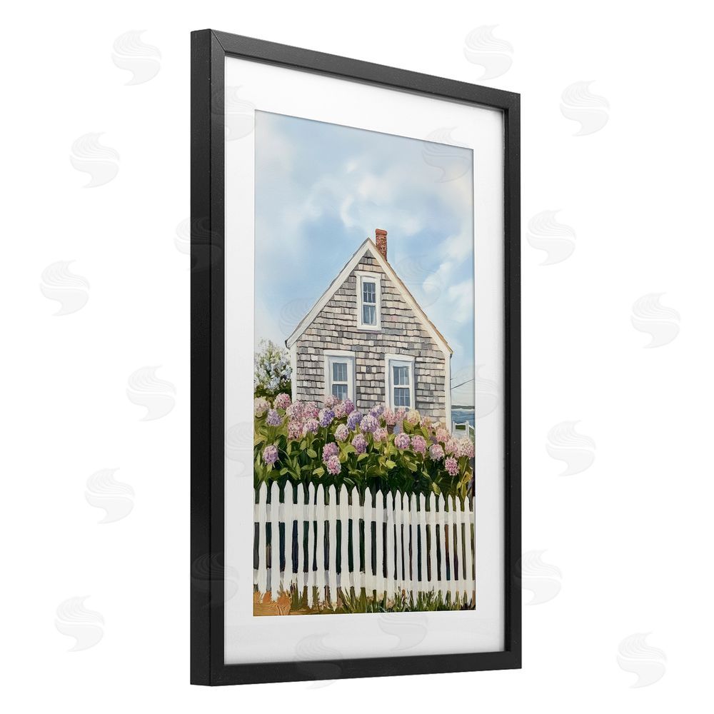 Sisi and Seb Coastal Cottage Hydrangea Garden Black Framed Print Under Glass Wall Art