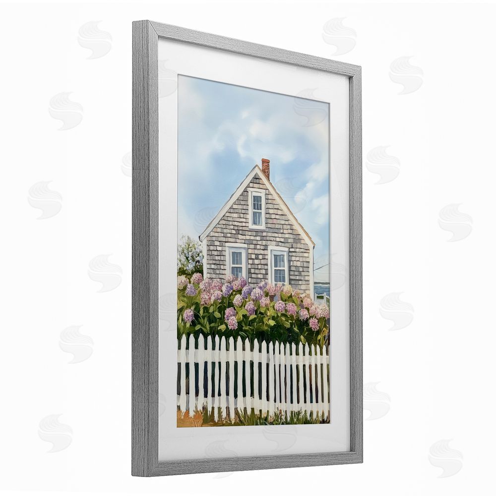 Sisi and Seb Coastal Cottage Hydrangea Garden Gray Framed Print Under Glass Wall Art