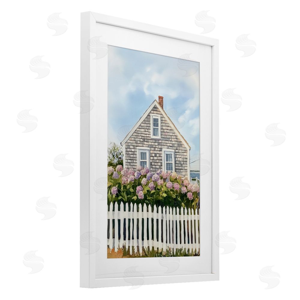 Sisi and Seb Coastal Cottage Hydrangea Garden White Framed Print Under Glass Wall Art