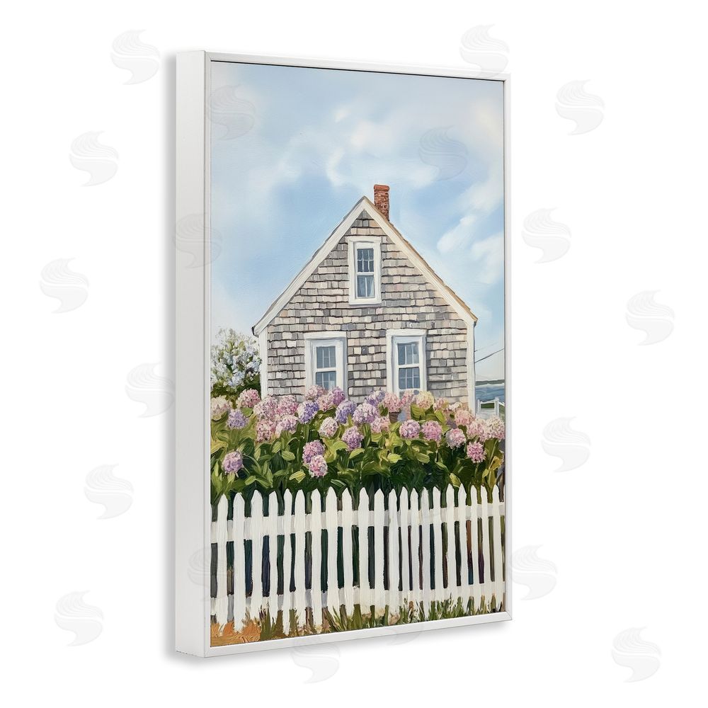 Sisi and Seb Coastal Cottage Hydrangea Garden White Framed Giclee Wall Art Print