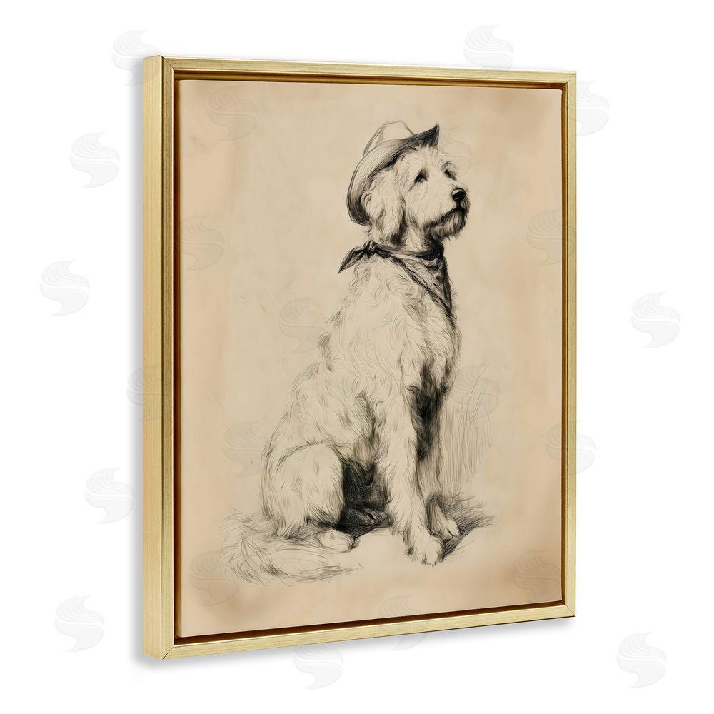 Arlington Prints Cowboy Goldendoodle Sketch Gold Floating Frame Canvas Wall Art Print