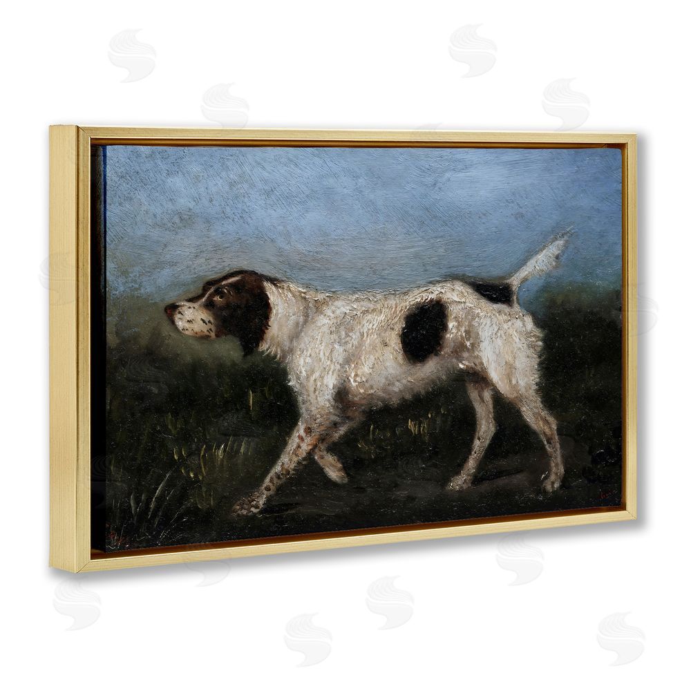Arlington Prints Alert Hunting Dog in Field Gold Floating Frame Stretched Canvas Wall Art Print