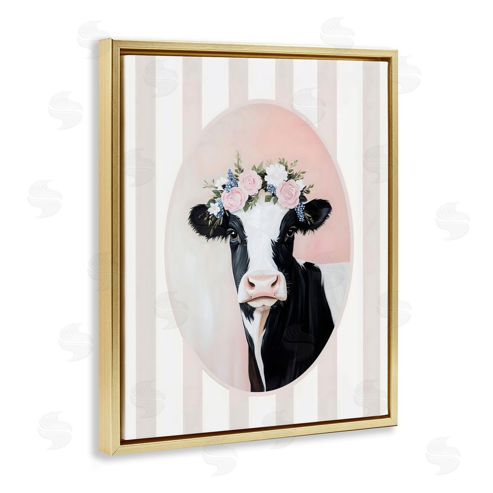 Arlington Prints Soft Cow with Floral Crown Gold Floating Framed Canvas Wall Art Print