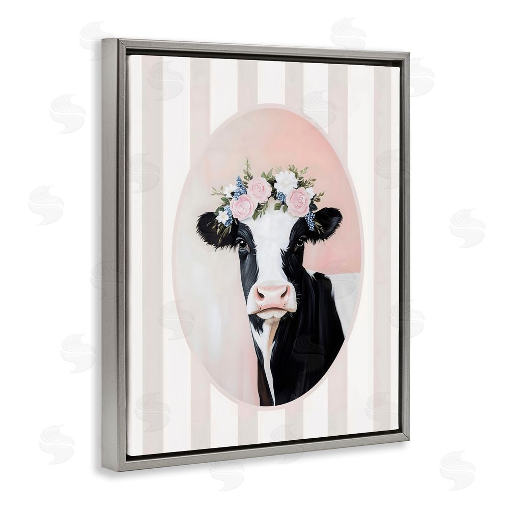 Arlington Prints Soft Cow with Floral Crown Gray Floating Framed Canvas Wall Art Print