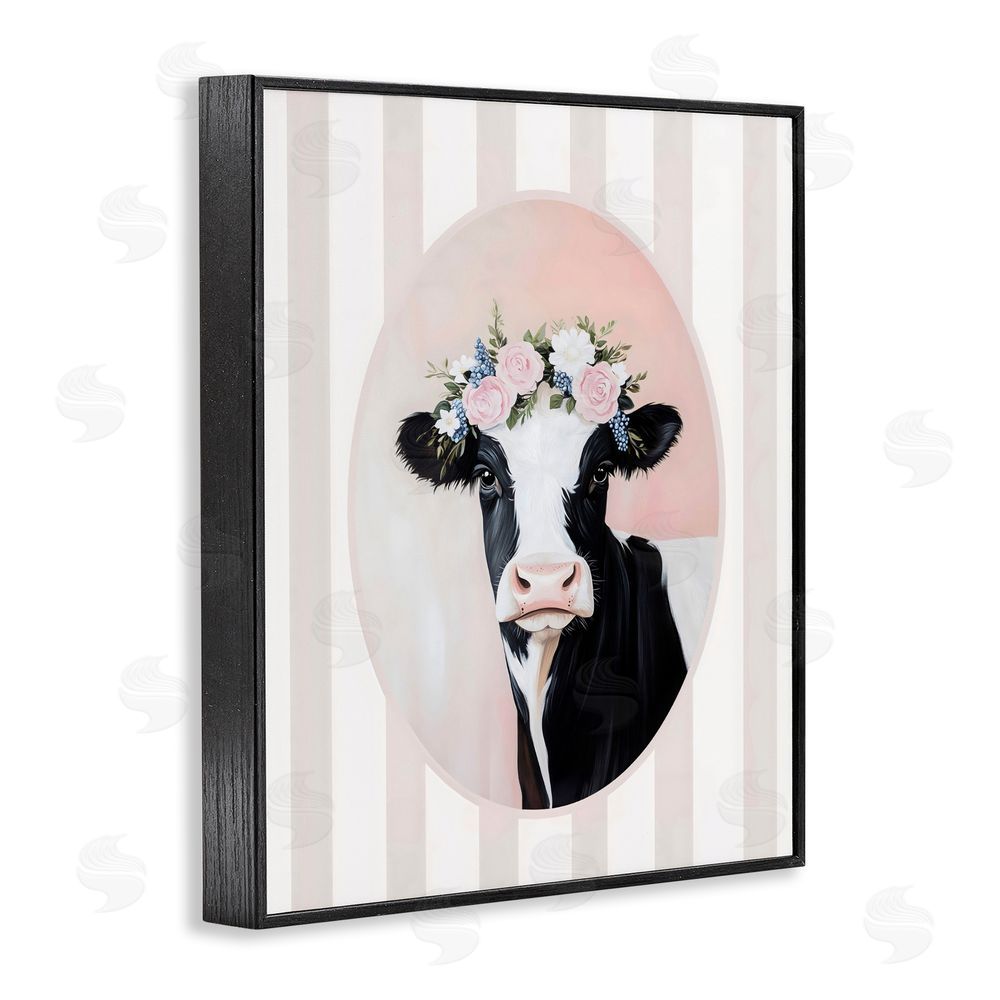 Arlington Prints Soft Cow with Floral Crown Black Framed Giclee Wall Art Print