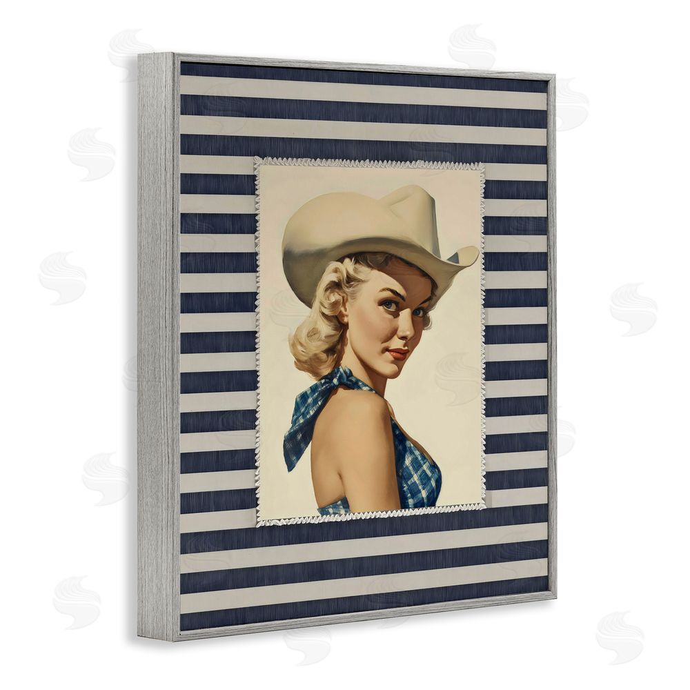 Arlington Prints Retro Cowgirl Stripes Gray Framed Giclee Wall Art Print