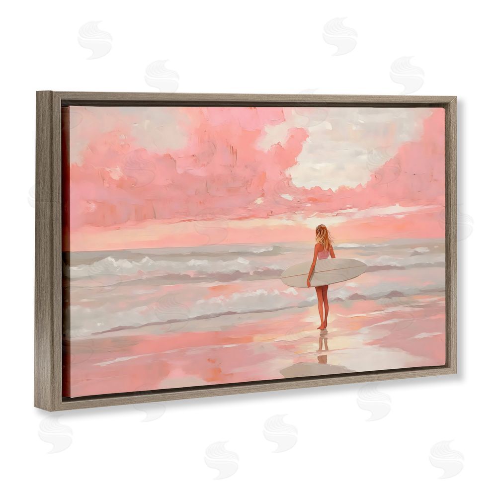 LSR Design Studio Pink Sky Surfer Brown Floating Frame Canvas Wall Art Print