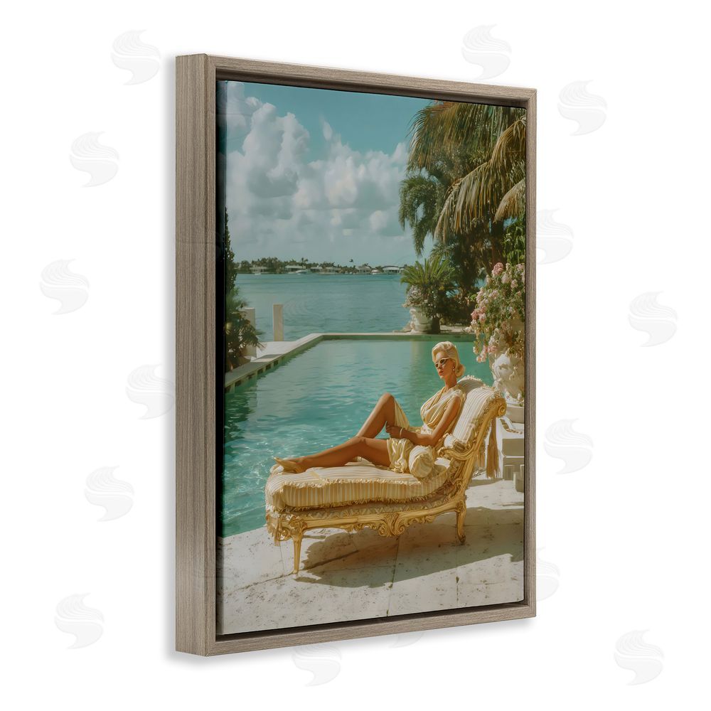 Franklyn Gregory Vintage Poolside Woman Brown Floating Framed Canvas Wall Art Print