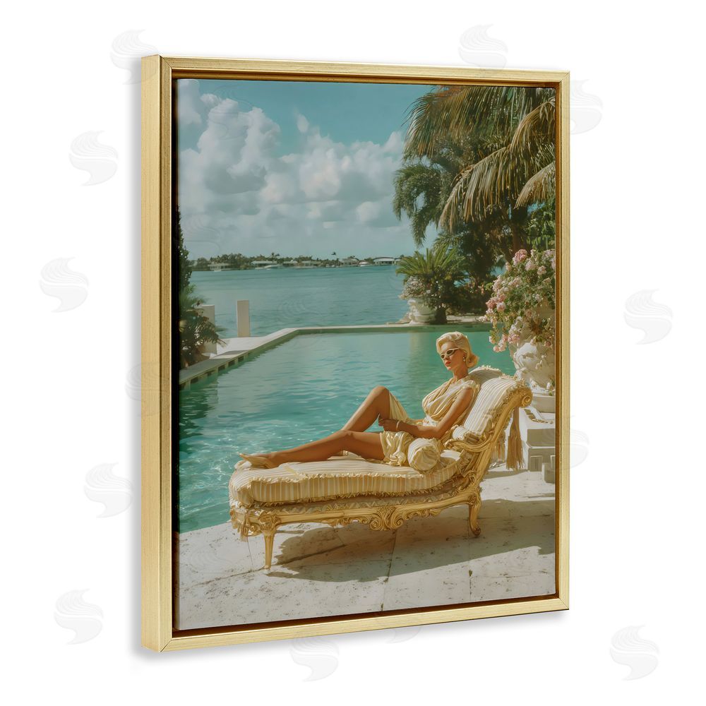 Franklyn Gregory Vintage Poolside Woman Gold Floating Framed Canvas Wall Art Print