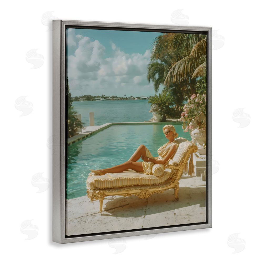 Franklyn Gregory Vintage Poolside Woman Gray Floating Framed Canvas Wall Art Print