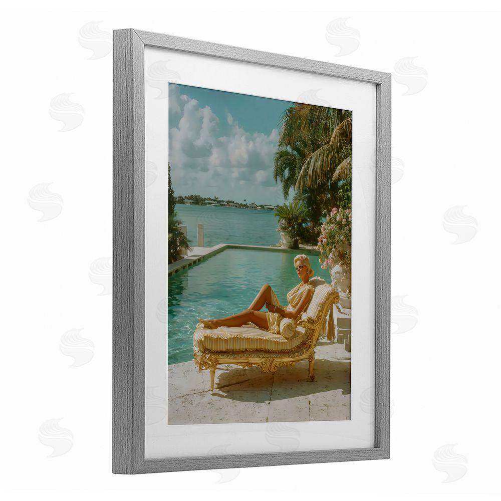 Franklyn Gregory Vintage Poolside Woman Gray Framed Print Under Glass with White Mat Wall Art