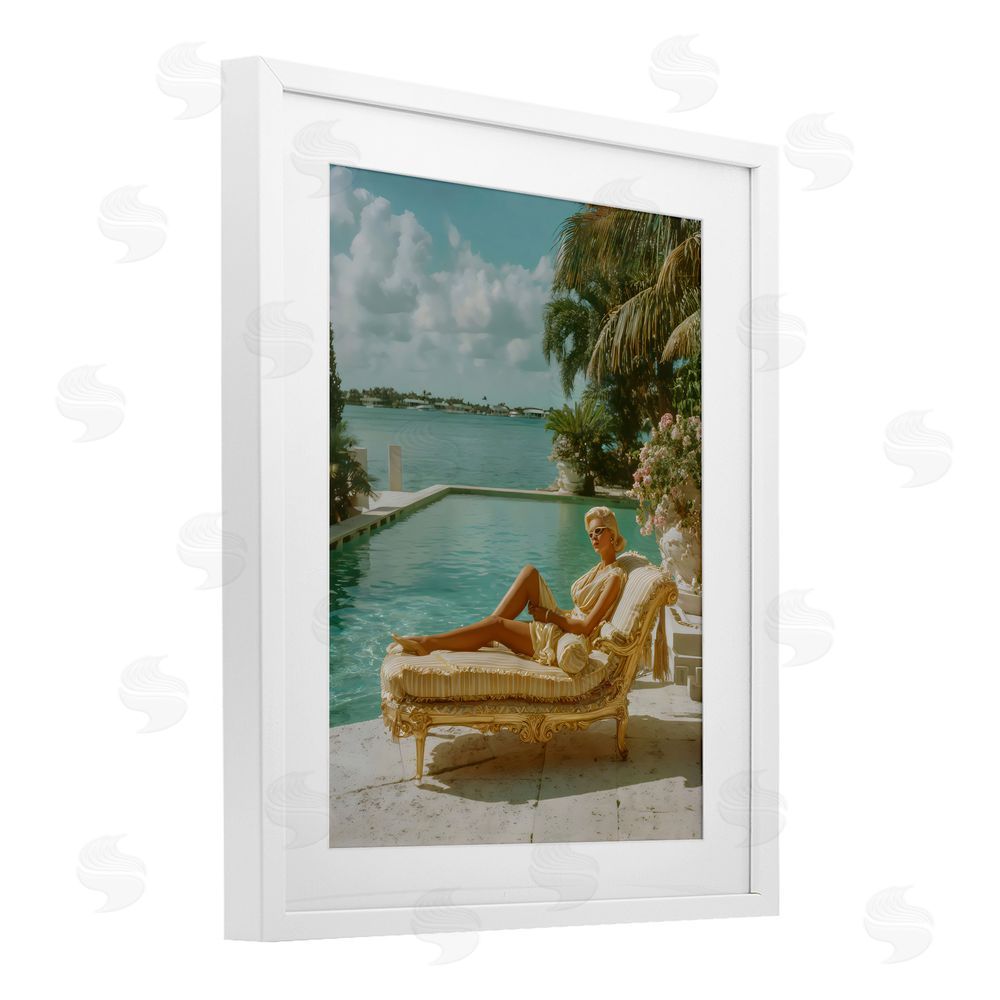 Franklyn Gregory Vintage Poolside Woman White Framed Print Under Glass with White Mat Wall Art
