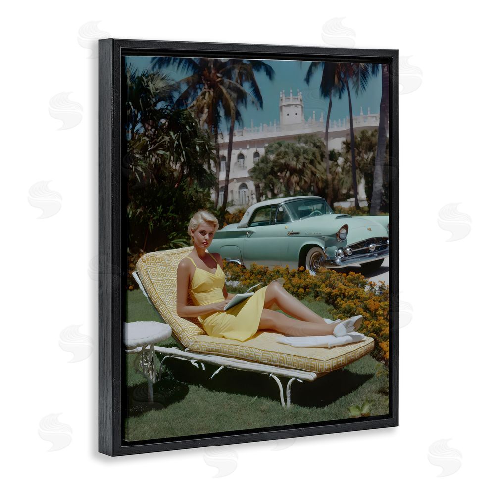 Franklyn Gregory Vintage Sunbathing Woman Black Floating Framed Canvas Wall Art Print