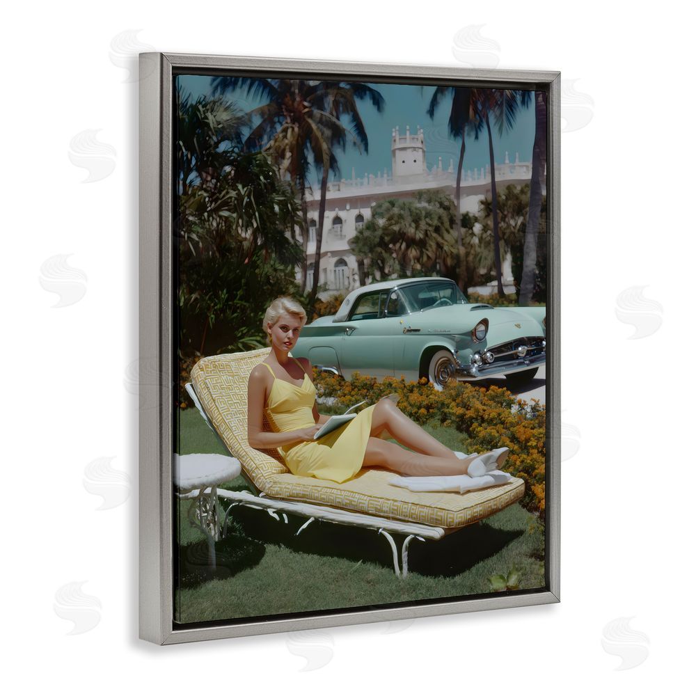 Franklyn Gregory Vintage Sunbathing Woman Gray Floating Framed Canvas Wall Art Print