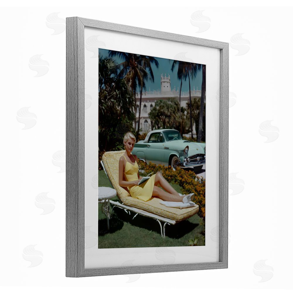 Franklyn Gregory Vintage Sunbathing Woman Gray Framed Print Under Glass with White Mat Wall Art