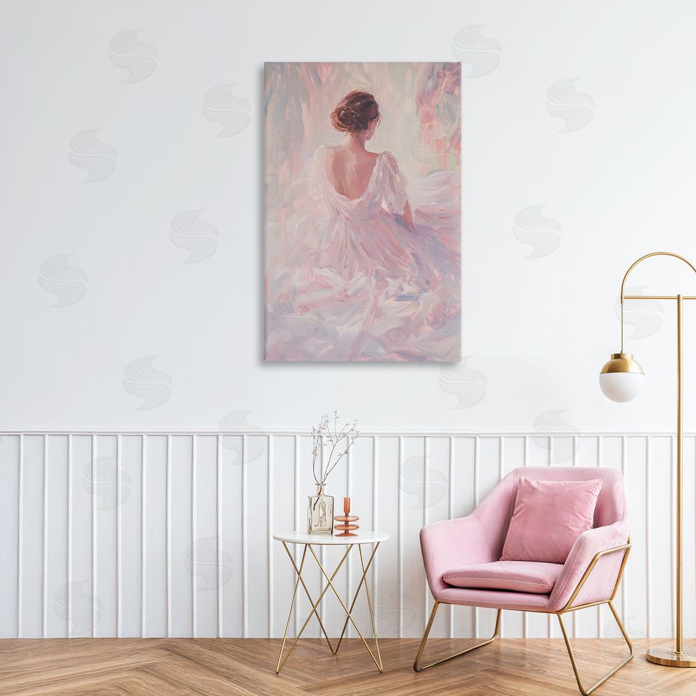 Petal Prints Design Graceful Woman in Blush Gown Stretched Canvas Wall Art in Room