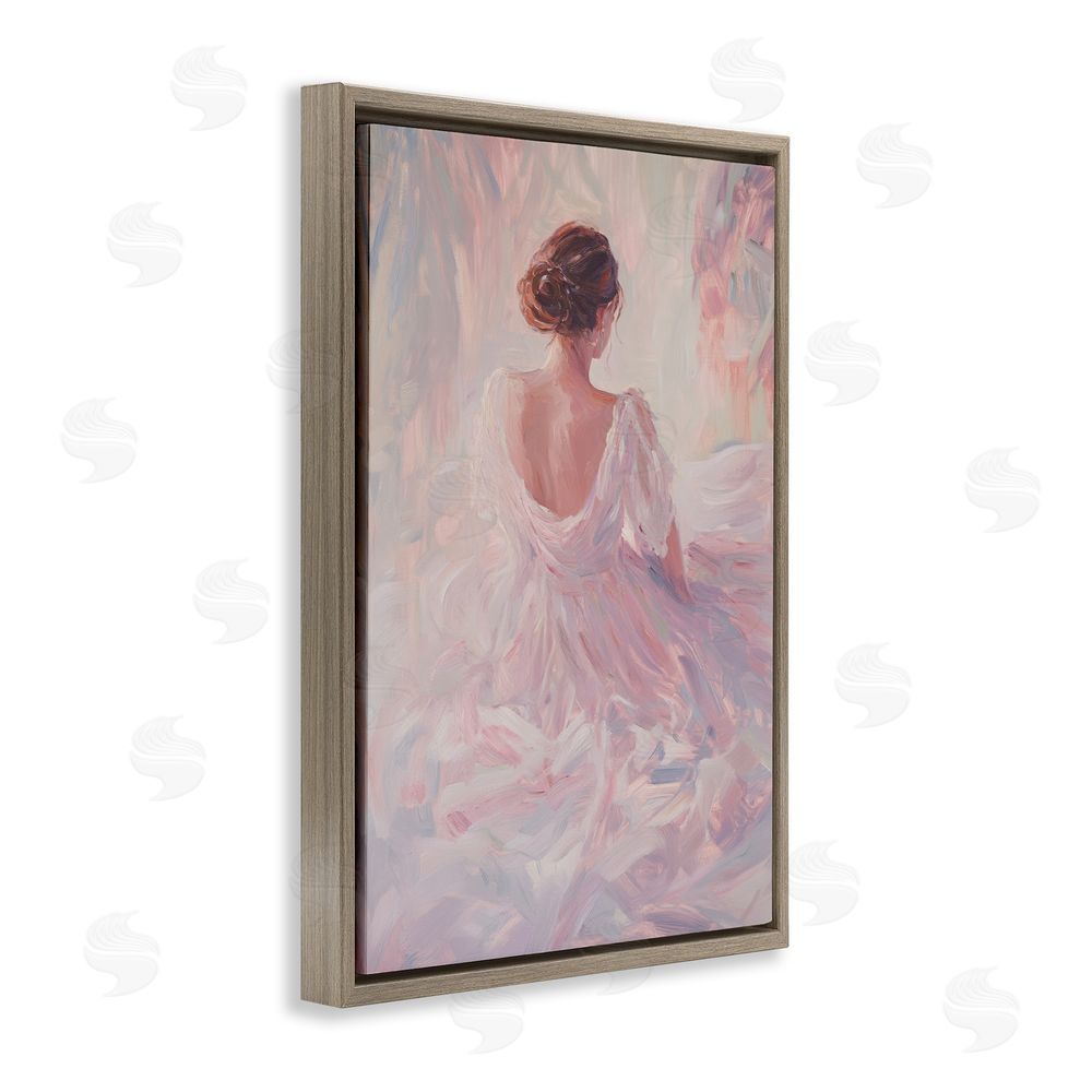 Petal Prints Design Graceful Woman in Blush Gown Brown Floating Framed Canvas Wall Art