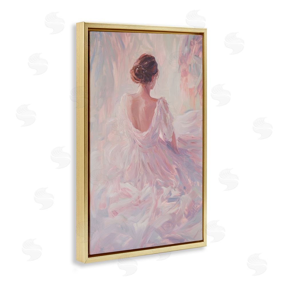 Petal Prints Design Graceful Woman in Blush Gown Gold Floating Framed Canvas Wall Art