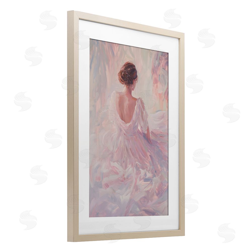 Petal Prints Design Graceful Woman in Blush Gown Brown Framed Print Under Glass Wall Art