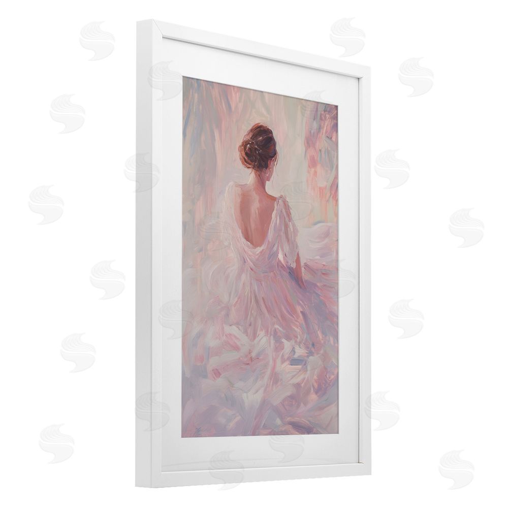 Petal Prints Design Graceful Woman in Blush Gown White Framed Print Under Glass Wall Art
