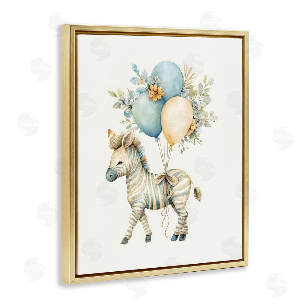 LSR Design Studio Watercolor Nursery Zebra Gold Floating Framed Canvas Wall Art Print