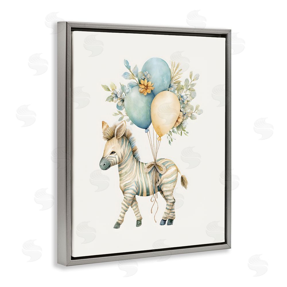 LSR Design Studio Watercolor Nursery Zebra Gray Floating Framed Canvas Wall Art Print