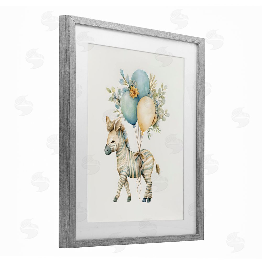 LSR Design Studio Watercolor Nursery Zebra Gray Framed Print Under Glass with White Mat Wall Art