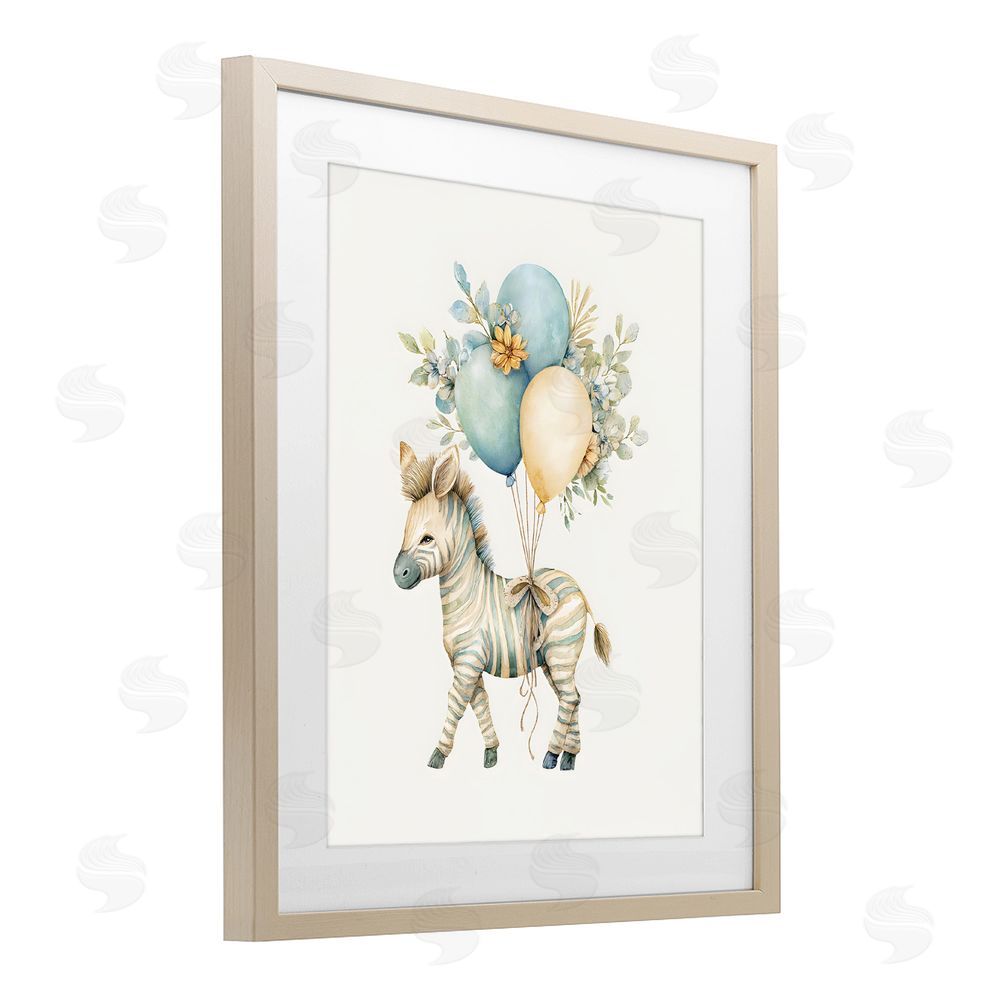 LSR Design Studio Watercolor Nursery Zebra Brown Framed Print Under Glass with White Mat Wall Art