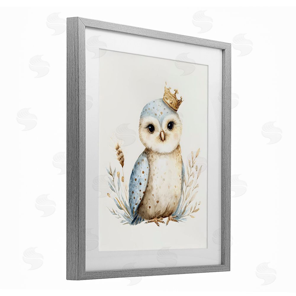 LSR Design Studio Watercolor Nursery Owl Gray Framed Print Under Glass with White Mat Wall Art