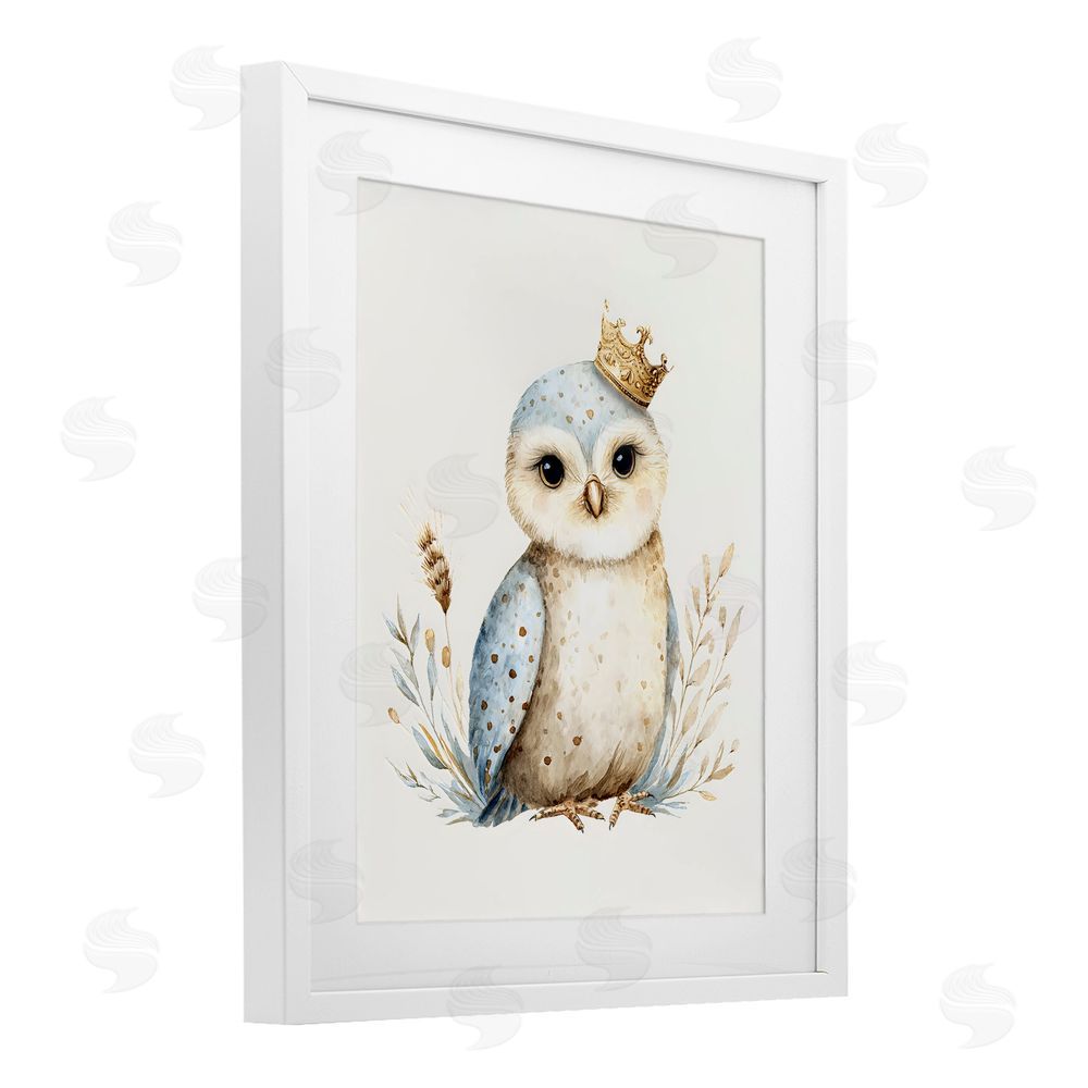LSR Design Studio Watercolor Nursery Owl White Framed Print Under Glass with White Mat Wall Art