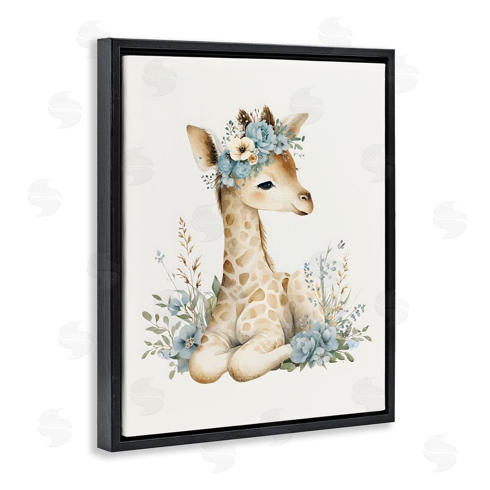 LSR Design Studio Watercolor Nursery Giraffe Black Floating Framed Canvas Wall Art Print