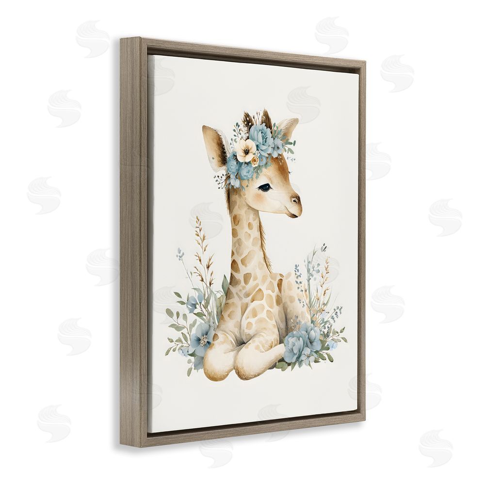 LSR Design Studio Watercolor Nursery Giraffe Brown Floating Framed Canvas Wall Art Print