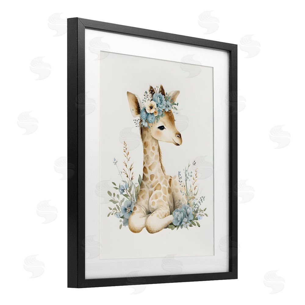 LSR Design Studio Watercolor Nursery Giraffe Black Framed Print Under Glass with White Mat Wall Art