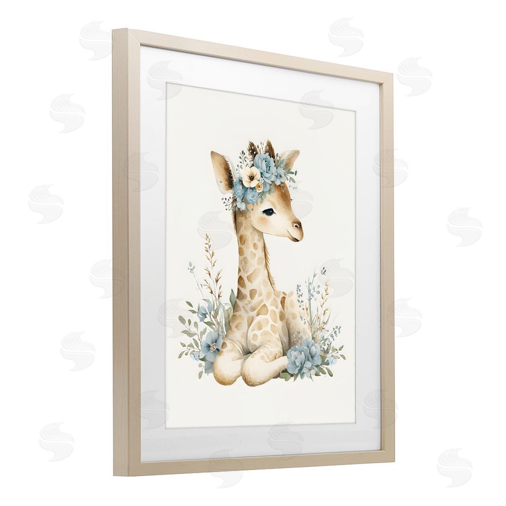 LSR Design Studio Watercolor Nursery Giraffe Brown Framed Print Under Glass with White Mat Wall Art