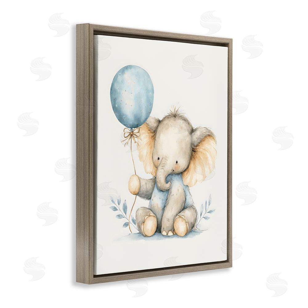 LSR Design Studio Watercolor Nursery Elephant Brown Floating Framed Canvas Wall Art Print