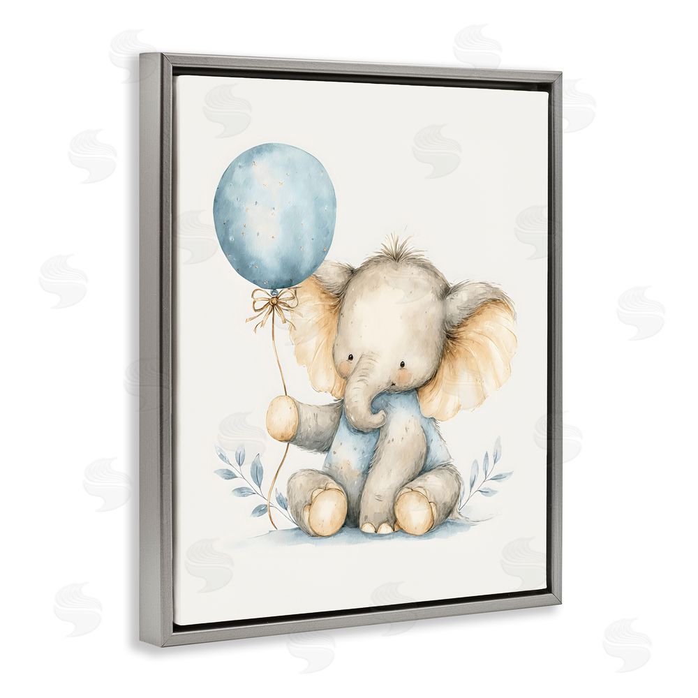 LSR Design Studio Watercolor Nursery Elephant Gray Floating Framed Canvas Wall Art Print