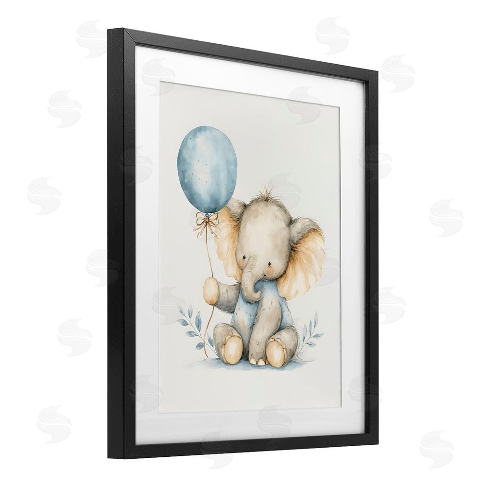 LSR Design Studio Watercolor Nursery Elephant Black Framed Print Under Glass with White Mat Wall Art