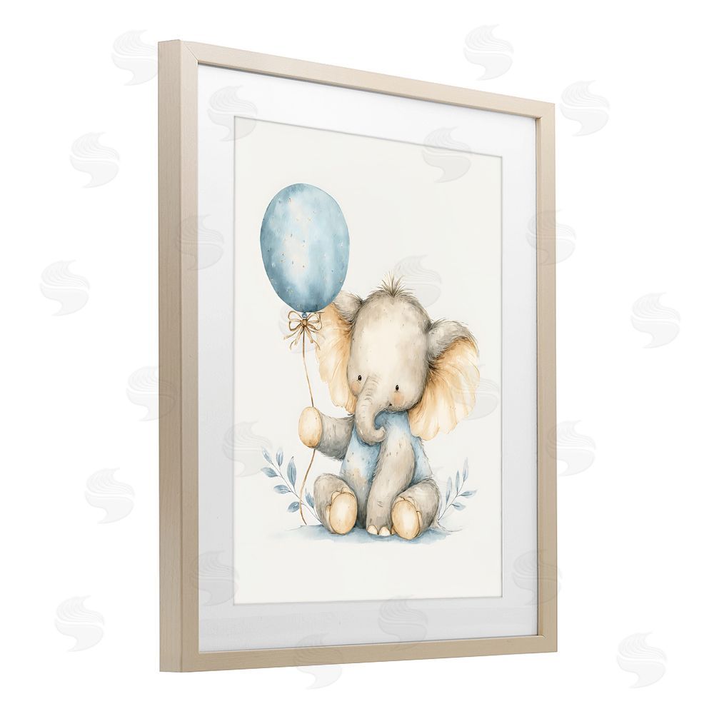 LSR Design Studio Watercolor Nursery Elephant Brown Framed Print Under Glass with White Mat Wall Art