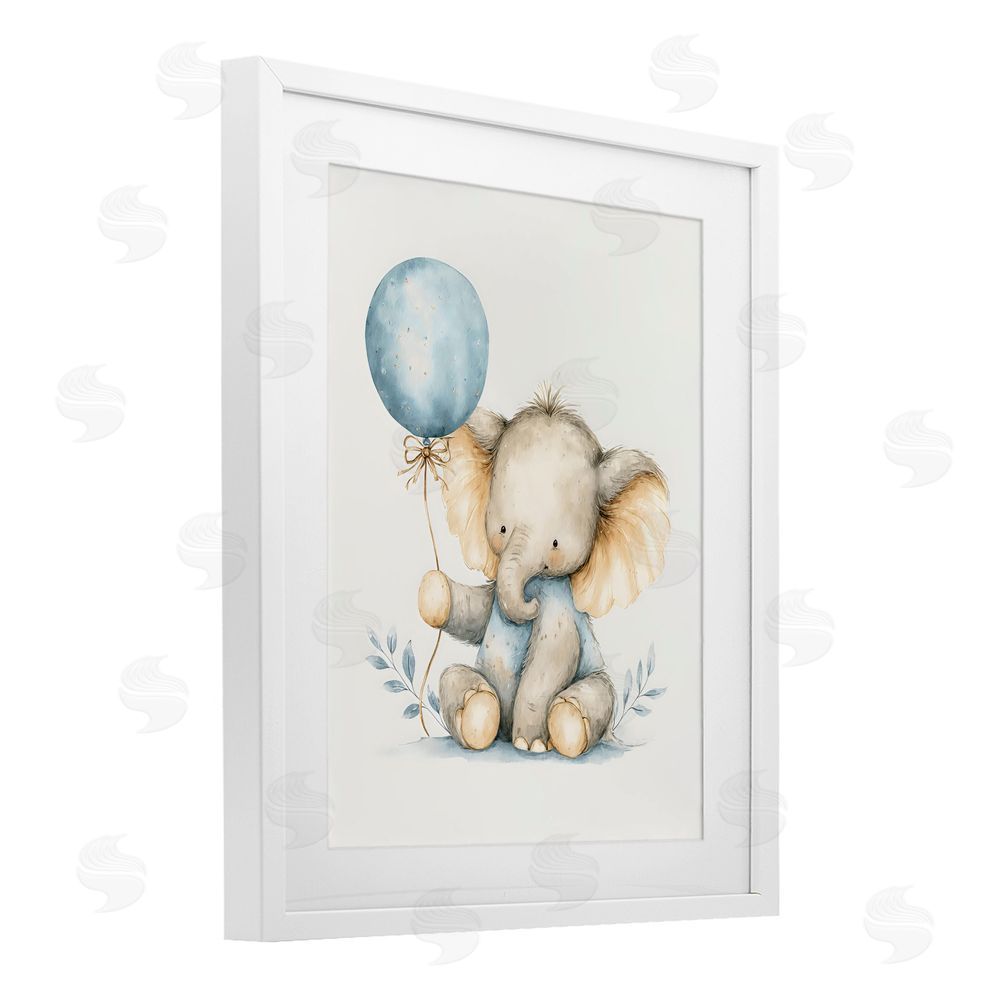 LSR Design Studio Watercolor Nursery Elephant White Framed Print Under Glass with White Mat Wall Art