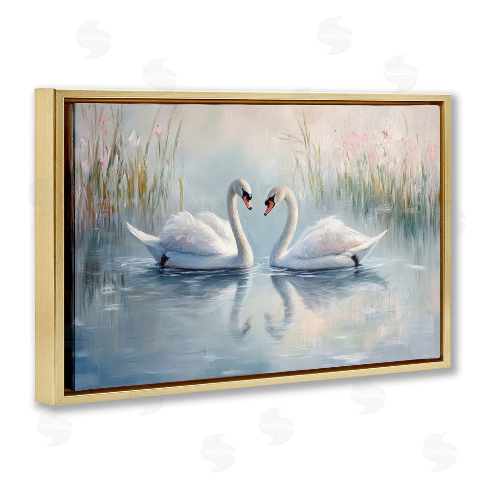Petal Prints Design Simple Swan Reflections Gold Floating Framed Canvas Wall Art Print